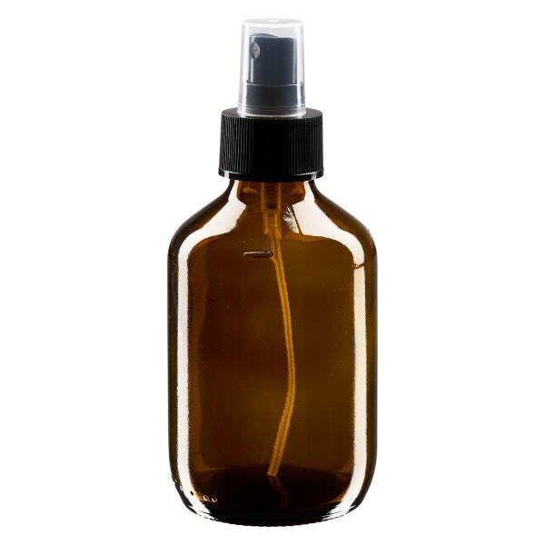 Butelka na lek 200 ml br&#261;zowa, z pompk&#261; rozpylaj&#261;c&#261; czarn&#261; ApoGlas. Farmaceutyczna jako&#347;&#263; produkcji UE. Gwint 28 mm (PP28). (syrop, butelka z lekkiego szk&#322;a)