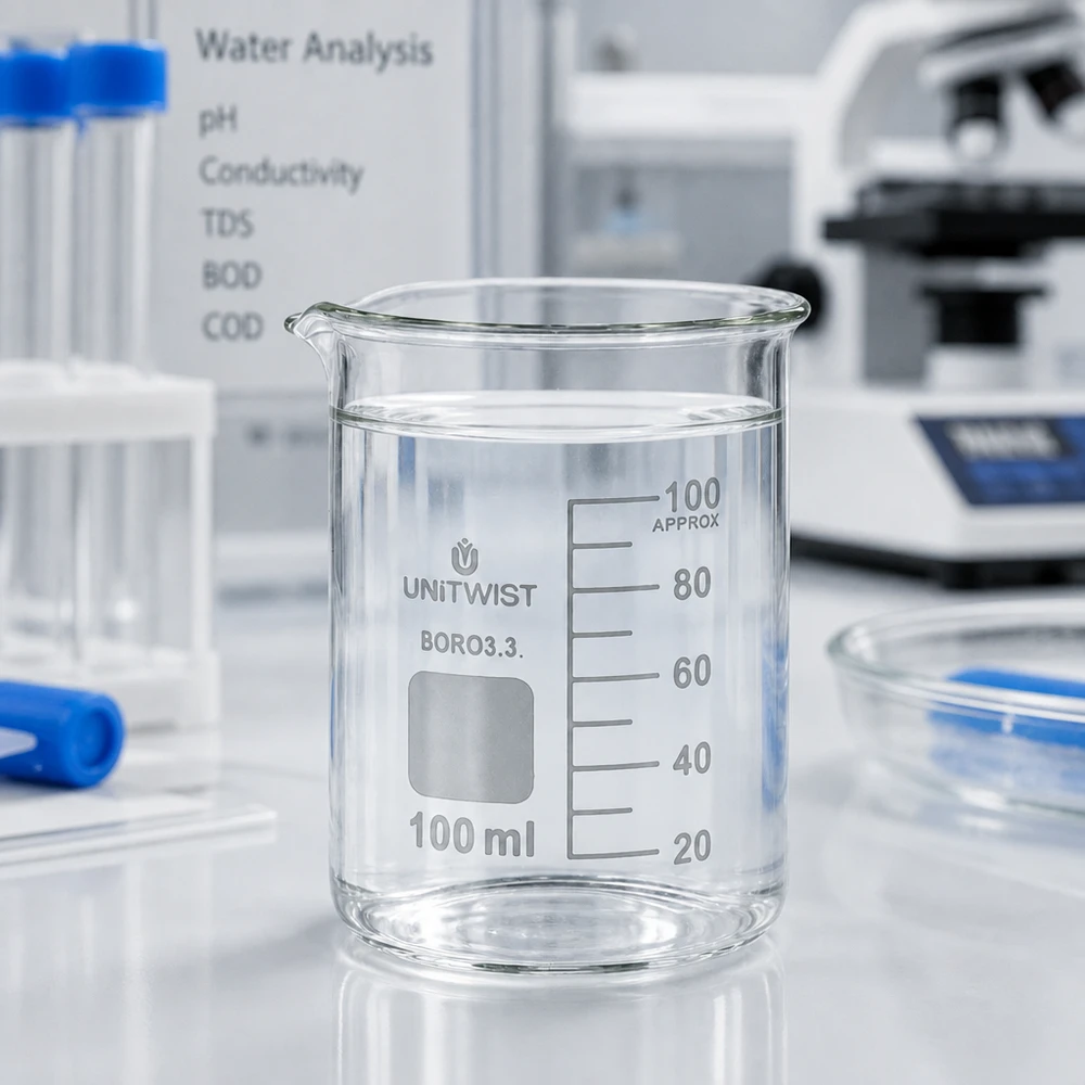 Szklanka o pojemności 100 ml, niska, z czystą wodą do analizy wody: pH, przewodność, TDS, BOD, COD