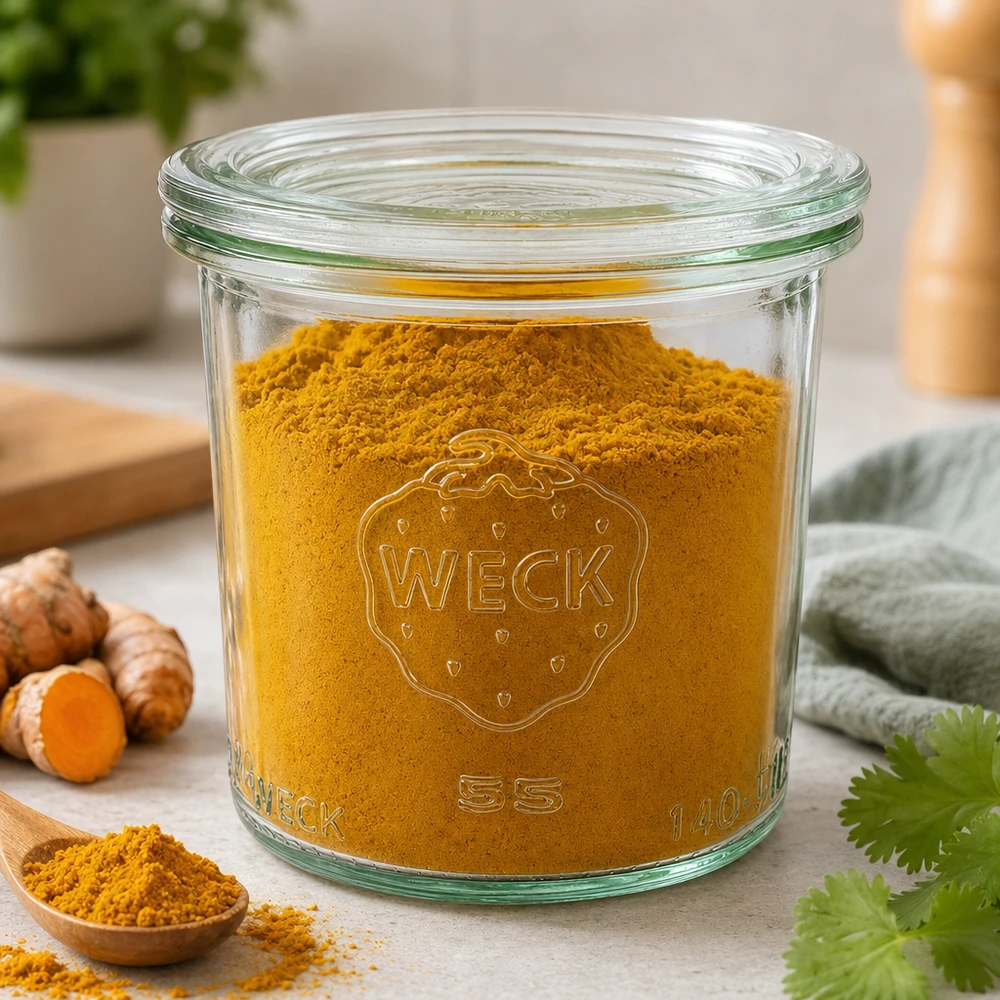 Słoik WECK 140 ml z pokrywką szklaną RR60 | Najwyższa jakość WECK Sturzglas 140ml RR60 mit Kurkumapulver gefüllt zeigt Verwendung als Gewürzglas neben frischem Kurkuma