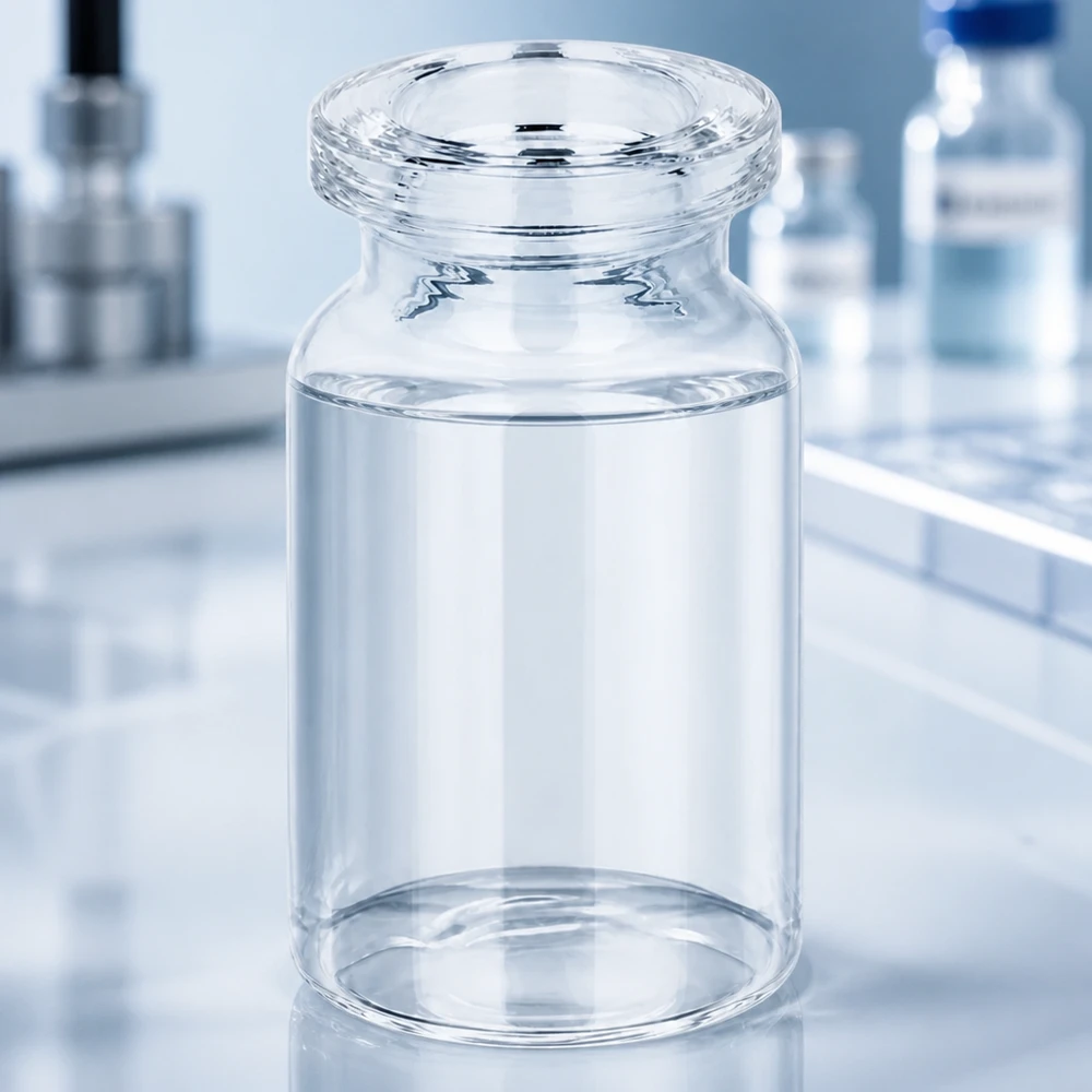 Butelka iniekcyjna z przezroczystego szkła 5 ml Kompakte Injektionsflasche Klarglas 5ml in modernem Laborumfeld für flüssige Arzneimittelformulierungen
