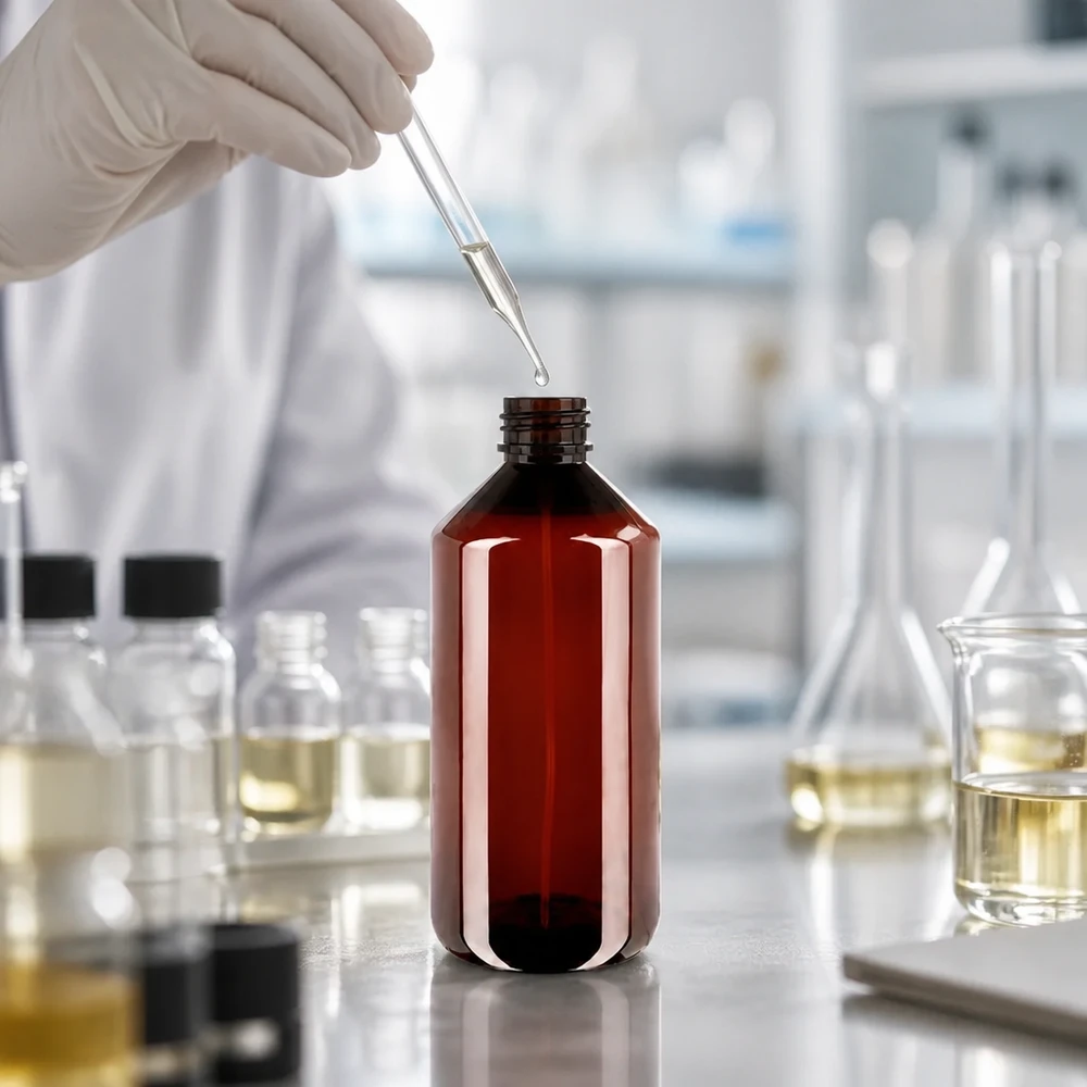 Butelka PET 1000ml z atomizerem czarna Bursztynowa butelka PET o pojemności 1000 ml bez nakrętki stoi na stole laboratoryjnym pomiędzy naczyniami szklanymi