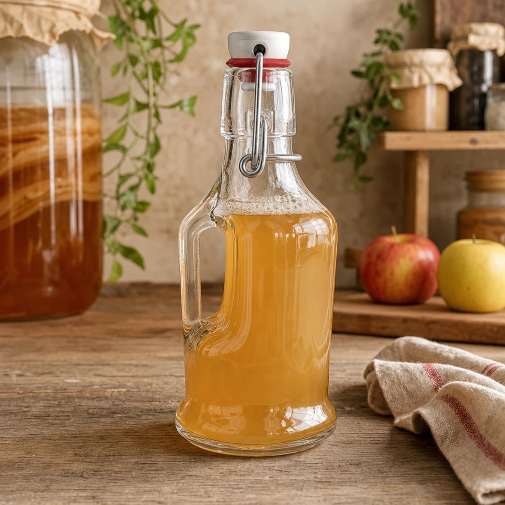 UNiTW szklana butelka Bertha 200ml wypełniona sokiem jabłkowym w rustykalnej kuchni obok jabłek huśtawka górna detal