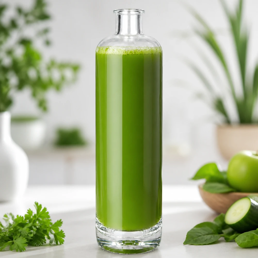 700 ml szklana butelka Ella wypełniona zielonym smoothie w kuchni udekorowanej świeżymi ziołami i warzywami