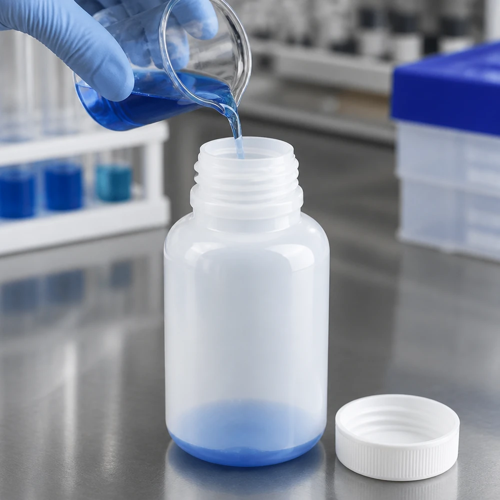 Niebieski płyn przelewa się ze zlewki do laboratoryjnej butelki o pojemności 250 ml z szeroką szyjką, bez zamknięcia