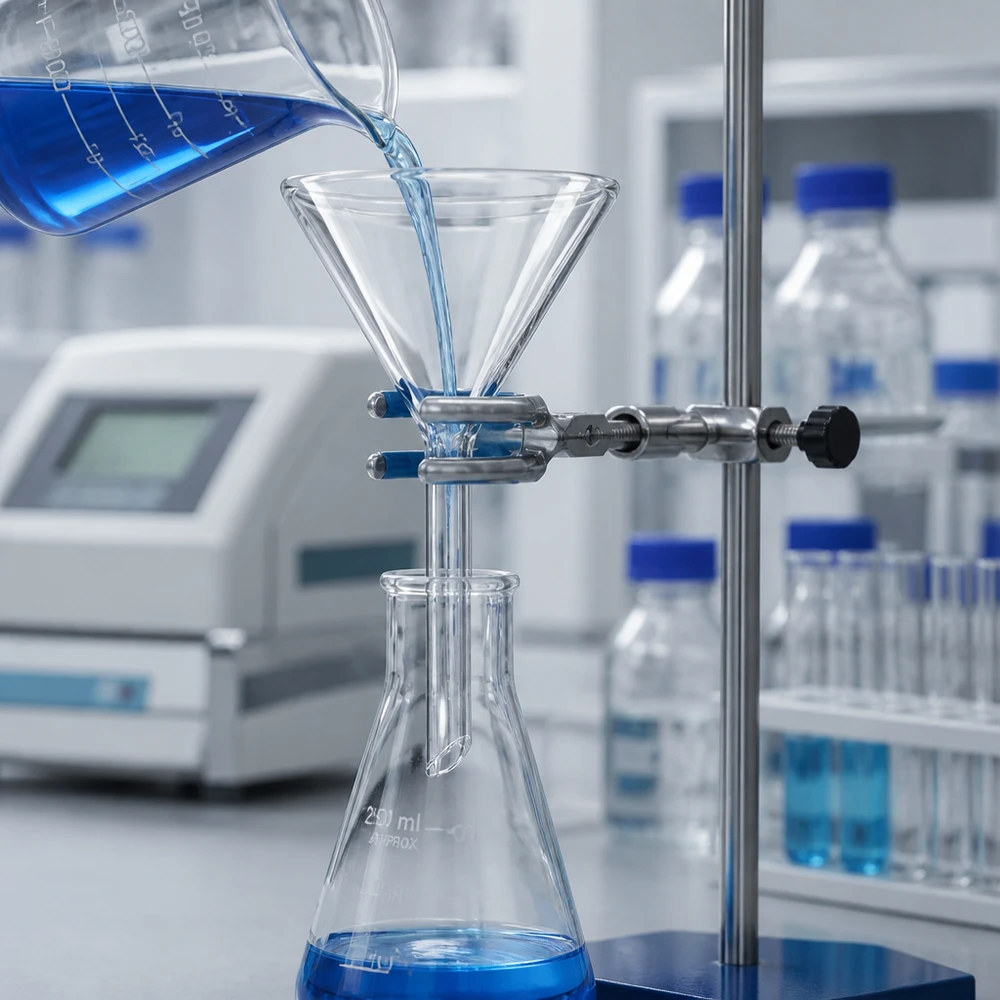 Lejek Ø 50 mm do wapna sodowanego, kąt 60°, krótki Przezroczysty szklany lejek o kącie 60 stopni zapewnia optymalny przepływ w środowisku laboratoryjnym