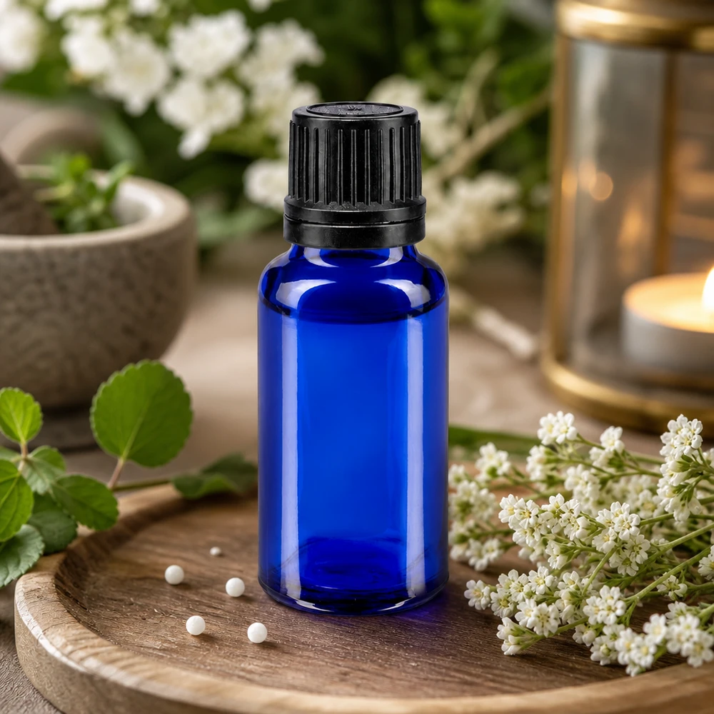 Butelka apteczna niebieska 20ml kroplówka v. Pr. 1mm czarny OV Butelka z zakraplaczem o pojemności 20 ml w kolorze kobaltowym, wyposażona w precyzyjny zakraplacz 1 mm oraz zabezpieczony przed dziećmi zamknięcie gwarantujące nienaruszalność opakowania