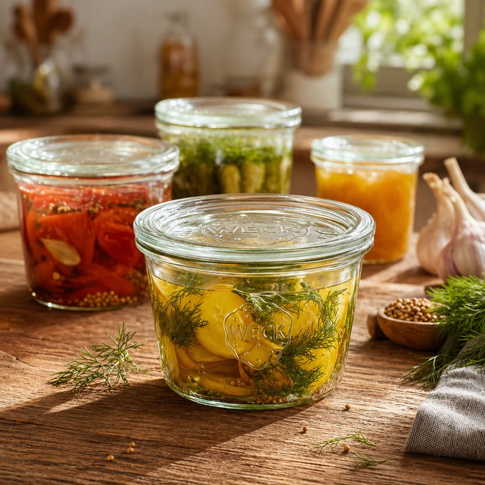 Słoik o pojemności 370 ml z szklaną pokrywką WECK RR100 Słoik WECK 370ml RR100 wypełniony marynowanymi korniszonami i koperkiem obok innych słoików na drewnianym stole