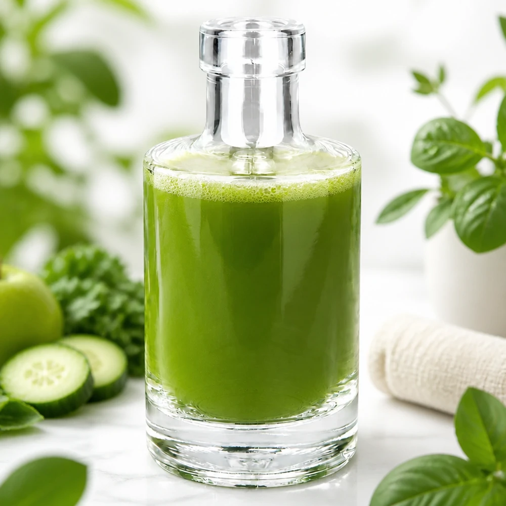 200 ml szklana butelka Marie wypełniona zielonym koktajlem otoczonym ogórkami i roślinami zdrowy styl życia odżywianie