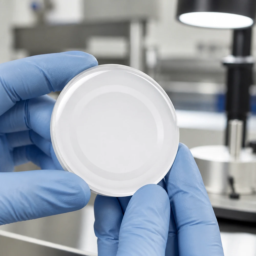 Zbliżenie na białą zakrętkę TO43 o średnicy 43 mm typu BasicSeal UniTwist w rękawiczkach laboratoryjnych