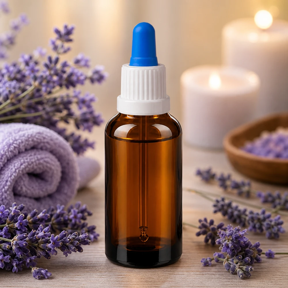 Butelka z pipetą 30 ml biała/niebieska OV BrownLine UT18/30 Wysokiej jakości butelka z pipetą o pojemności 30 ml wykonana z brązowego szkła z białą nasadką do aromaterapii