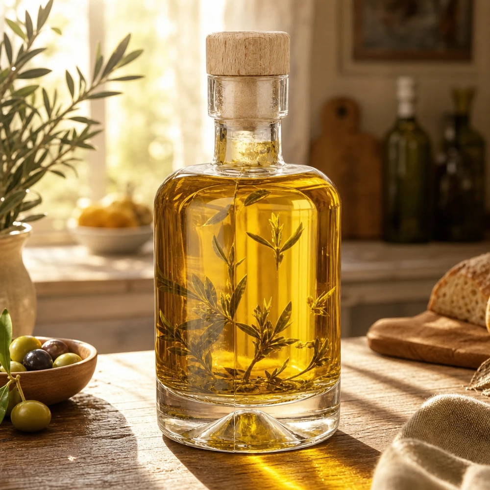 50 ml szklana butelka Amelie wypełniona oliwą z oliwek i ziołami wystawiona w śródziemnomorskiej kuchni z oliwkami i chlebem