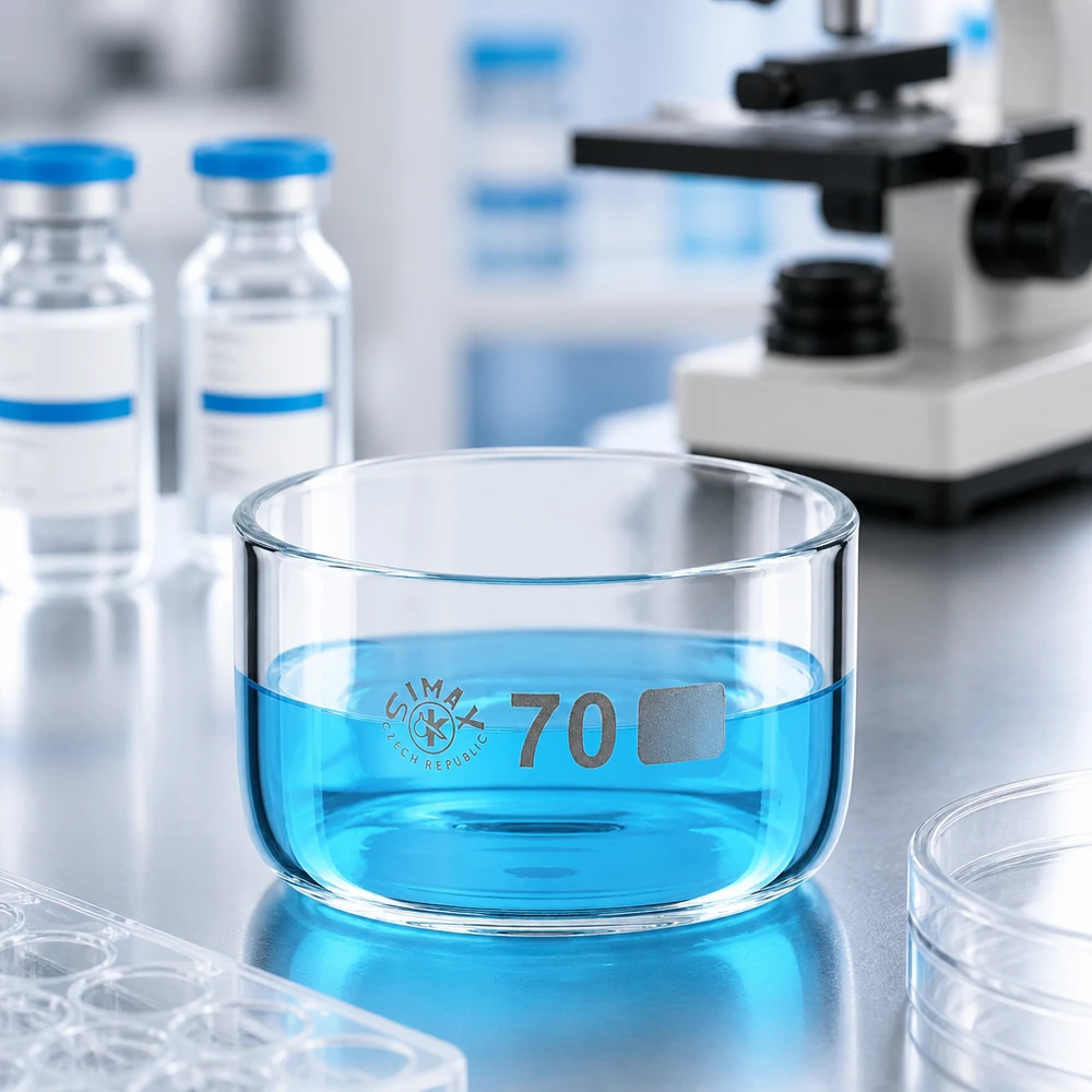Miska krystalizacyjna Simax o pojemności 100 ml wypełniona niebieskim płynem, umieszczona pomiędzy kolbami laboratoryjnymi a mikroskopem