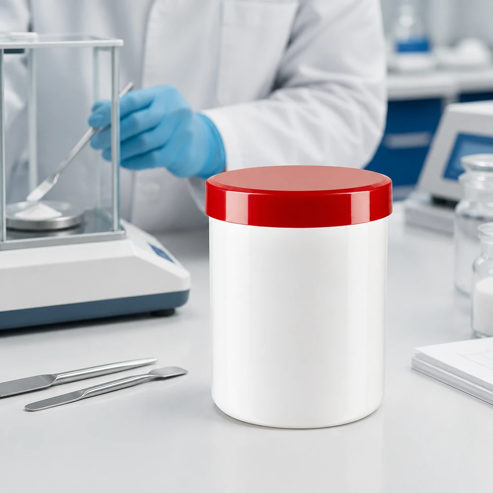 Słoik na maść 100 g – białe plastikowe opakowanie z czerwoną pokrywką, stojące obok pęsety na stole laboratoryjnym