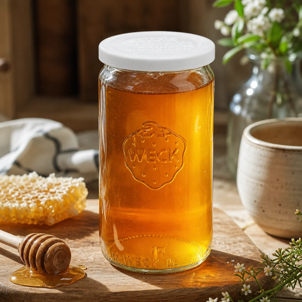 Słoik cylindryczny 340 ml z pokrywką zapewniającą świeżość WECK RR60 Słoik cylindryczny WECK 340ml wypełniony miodem z białą pokrywką RR60 na drewnianym stole z łyżką do miodu