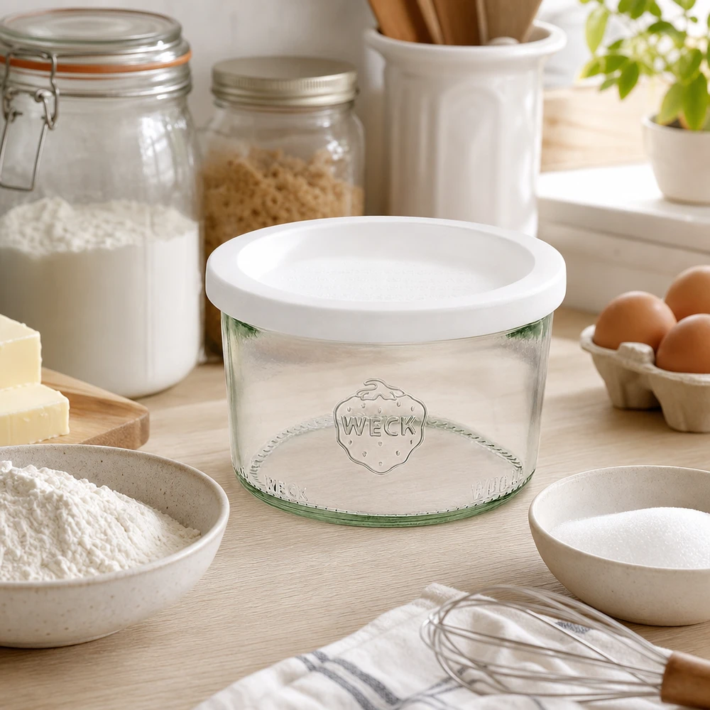 Kubki 200 ml z pokrywką zapewniającą świeżość WECK RR80 WECK Sturzglas 200ml RR80 in ästhetischer Küche mit Backzutaten Mehl Eiern und Vorratsgläsern zum Backen