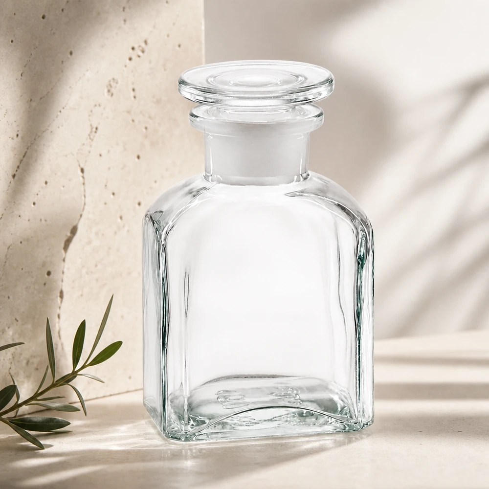 Kwadratowa butelka 150 ml z przezroczystym szklanym korkiem z szeroką szyjką Butelka kwadratowa o pojemności 150 ml, z szeroką szyjką, przezroczysta, z matowym szklanym korkiem, do celów dekoracyjnych i przechowywania