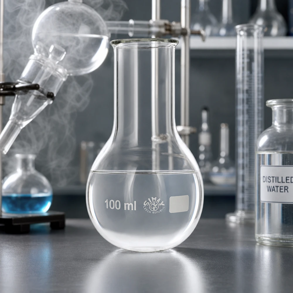 Przezroczysta kolba okrągłodenna 100 ml z szerokim otworem na szyjkę do precyzyjnych pomiarów objętości w laboratorium