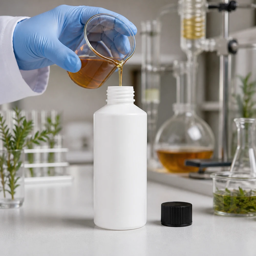 Laborant napełnia białą butelkę apteczną z HDPE o pojemności 100 ml z czarnym zamknięciem brązowym płynem