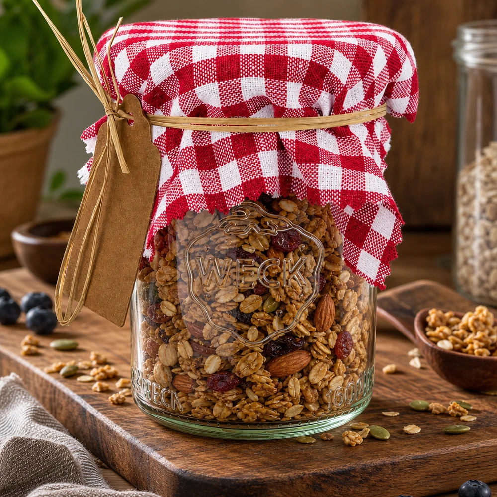 Biżuteryjna serwetka z tkaniny w bordową kratkę, kwadrat 120x120 mm Bordeaux-kariertes Schmuckdeckchen 12cm auf Weckglas mit Müsli-Mix als dekorative Geschenkverpackung