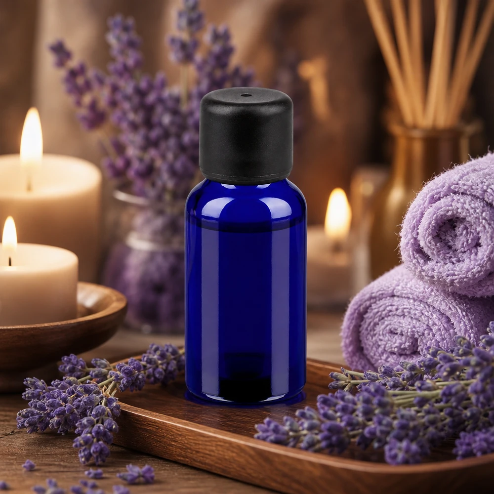 Kompaktowa, fioletowa szklana butelka o pojemności 20 ml z zakrętką SV 6 mm do zastosowań w aromaterapii i odnowie biologicznej.