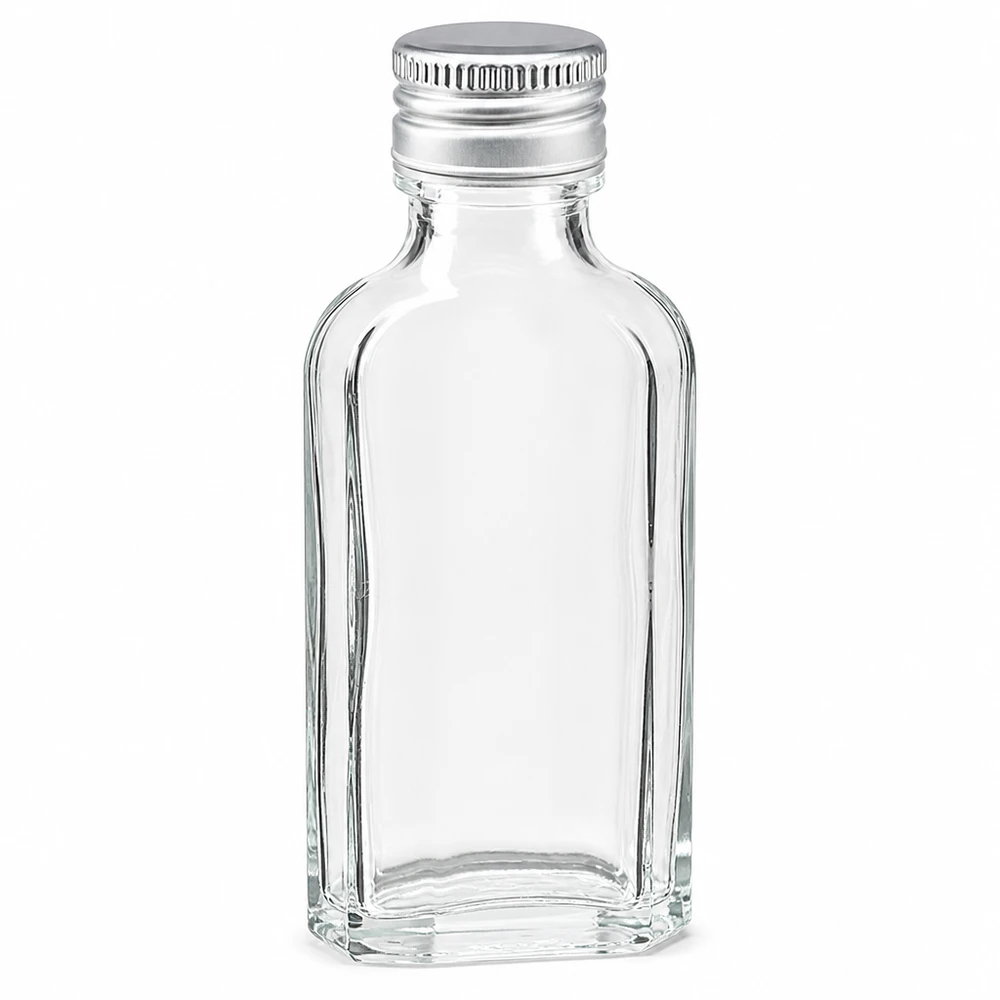 Przezroczysta szklana butelka Meplat o pojemności 50 ml z srebrnym aluminiowym zamknięciem PP22 do napojów spirytusowych i likierów