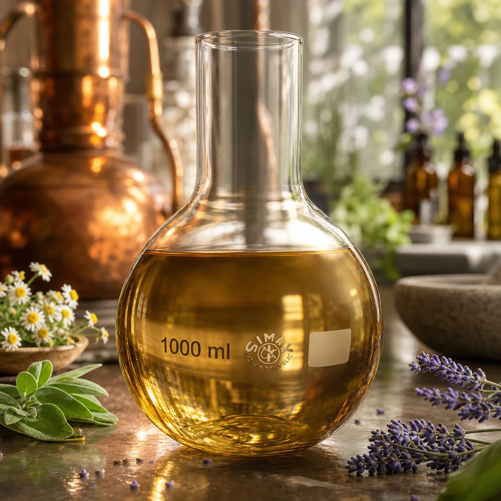 Kolba laboratoryjna 1000 ml z zawartością złota i szeroką szyjką do analiz chemicznych