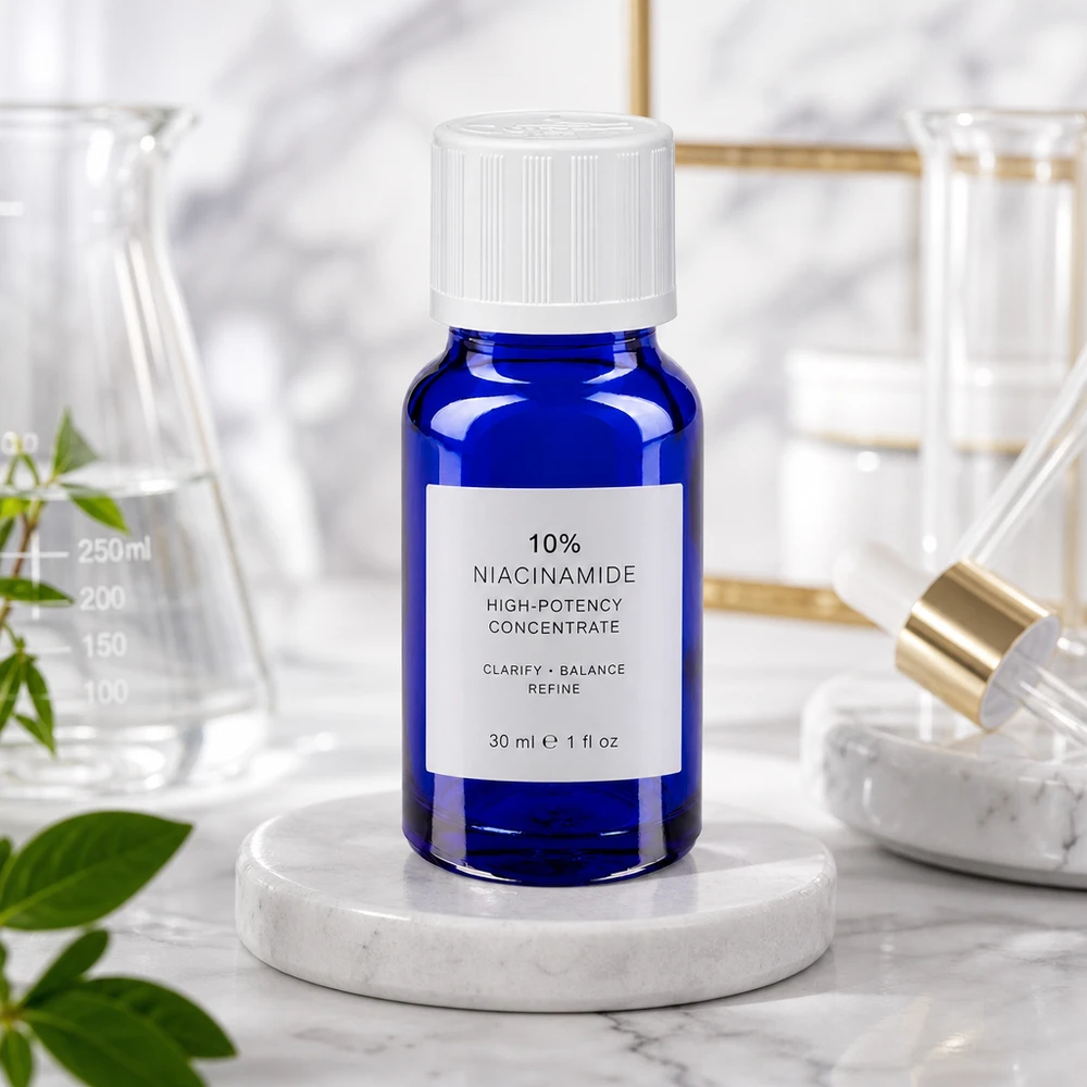 10 ml niebieska buteleczka z zakraplaczem, wykonana ze szkła aptecznego, z białym zamknięciem zabezpieczającym przed dziećmi, przeznaczona na serum z niacynamidem