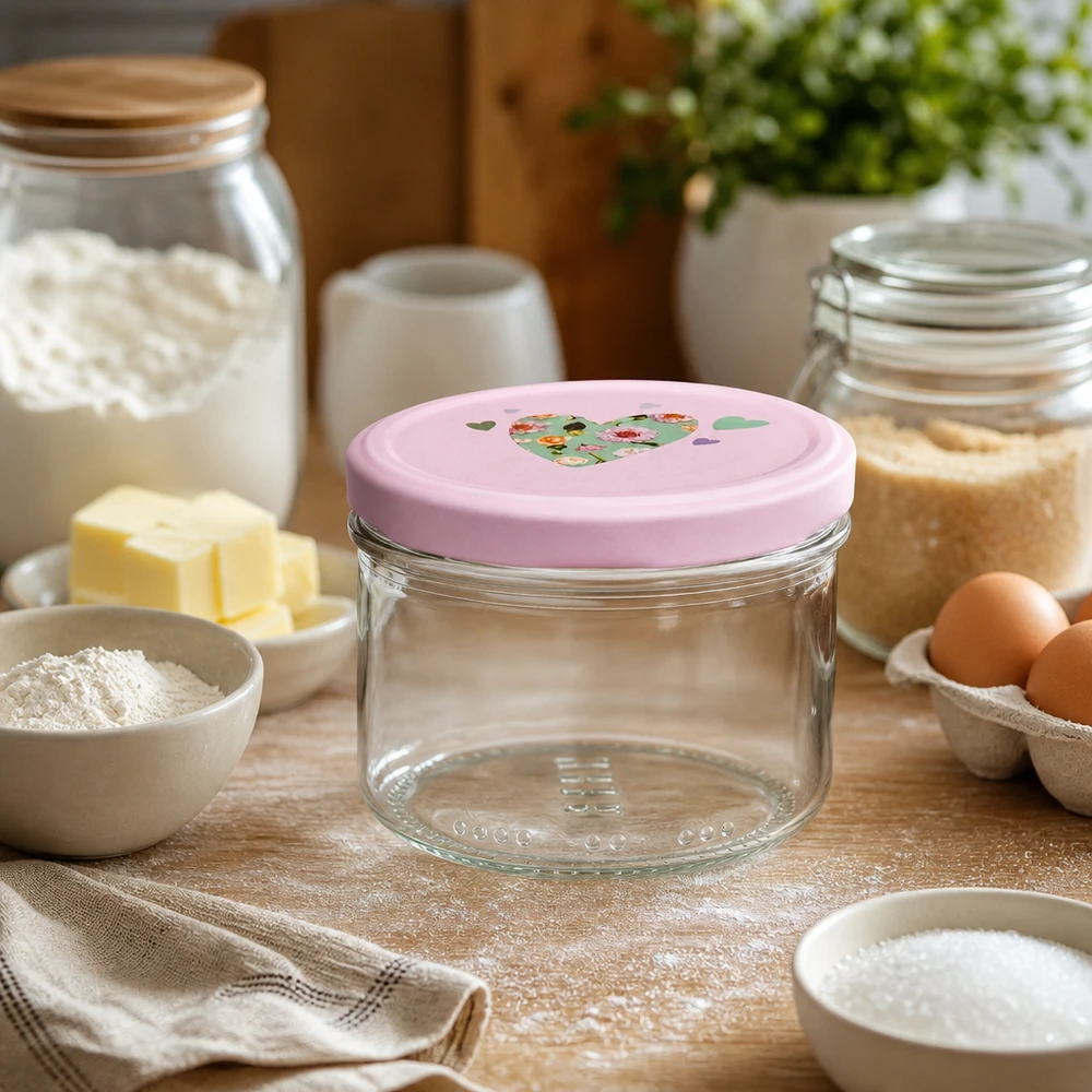 Pusty słoik cylindryczny o pojemności 230 ml z różową pokrywką w kształcie serca w przytulnej kuchni wśród składników do pieczenia i słoików do przechowywania