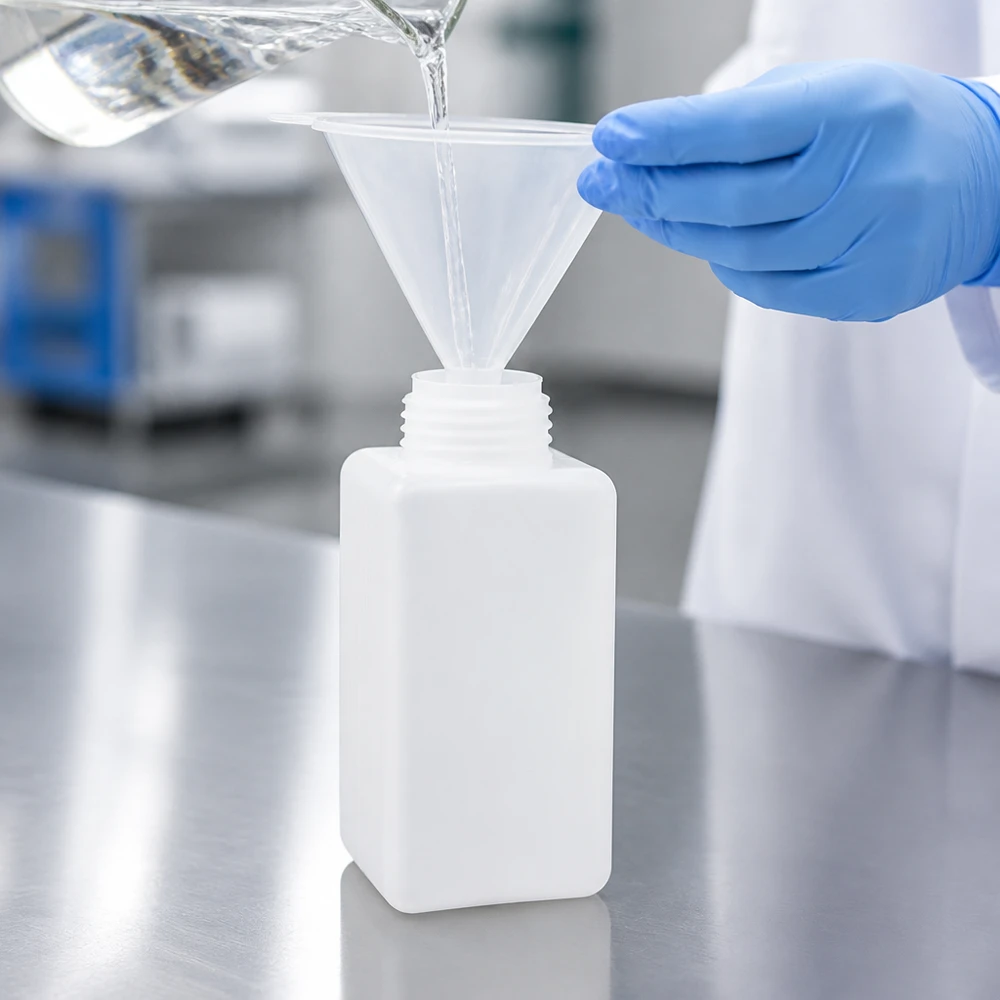 Laborant wlewa przezroczysty płyn przez plastikowy lejek do butelki na chemikalia z PE-HD o pojemności 1500 ml w kolorze naturalnej bieli