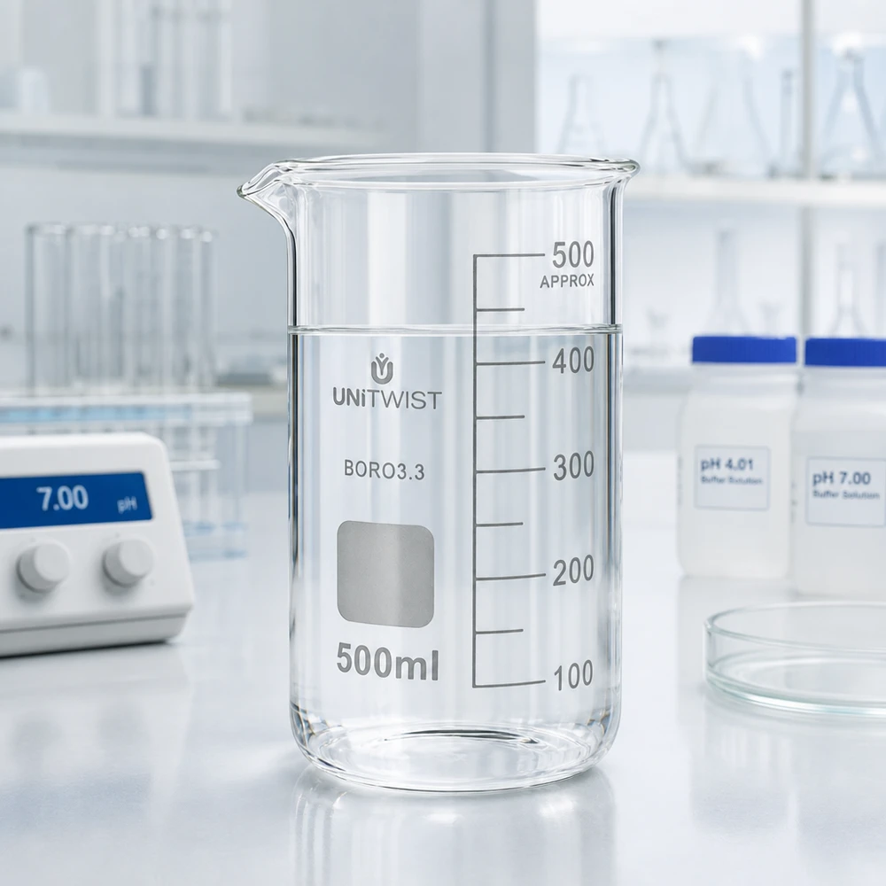 Pusta zlewka o pojemności 500 ml, wysoka, wykonana z przezroczystego szkła borokrzemowego 3.3, obok pH-metru w laboratorium