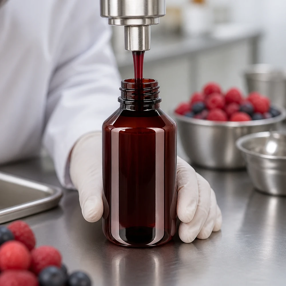 Butelka PET 100 ml z białą/czerwoną nakrętką OV Rozlewanie czerwonego soku jagodowego do brązowych butelek PET o pojemności 100 ml z zamknięciem zabezpieczającym
