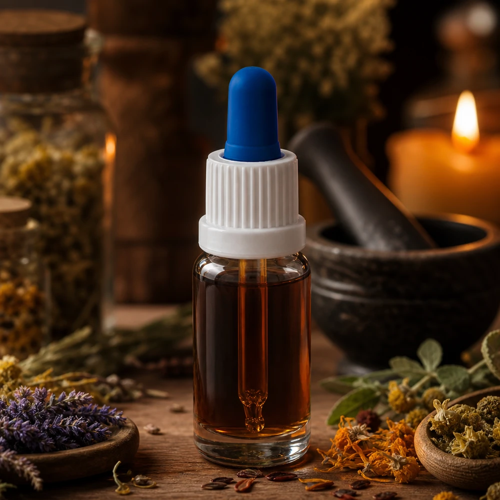 Buteleczka z pipetą do aromaterapii o pojemności 10 ml, z przezroczystego szkła, z moździerzem do ziół i świecą w tle