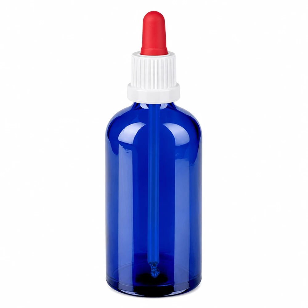 Butelka do leków płynnych 100 ml biała/czerwona OV BlueLine UT18/100 Niebieska butelka z pipetą 100 ml wykonana ze szkła z białą zakrętką i czerwonym kroplomierzem do precyzyjnego dozowania