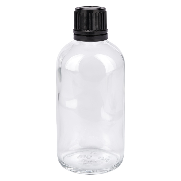 100ml (kulka)Flas. 3mm GR s. STD ClearL. UT18/100 Przezroczysta szklana butelka o pojemności 100 ml z czarną zakrętką, przeznaczona do globulek i preparatów homeopatycznych