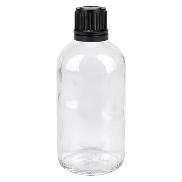100ml (kulka)Flas. 3mm GR s. STD ClearL. UT18/100 Przezroczysta szklana butelka o pojemności 100 ml z czarną zakrętką, przeznaczona do globulek i preparatów homeopatycznych