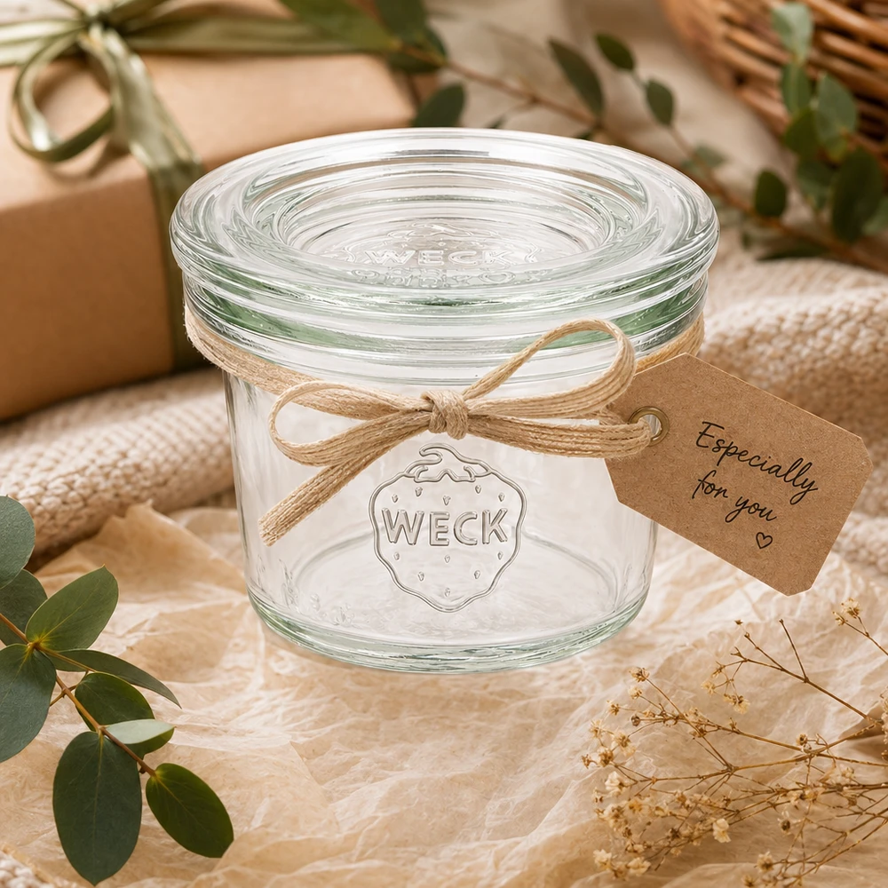 Kubki 35 ml ze szklaną pokrywką WECK RR40 Kubki WECK RR40 o pojemności 35 ml jako prezent ozdobiony kokardą i przywieszką w naturalnej atmosferze z roślinami
