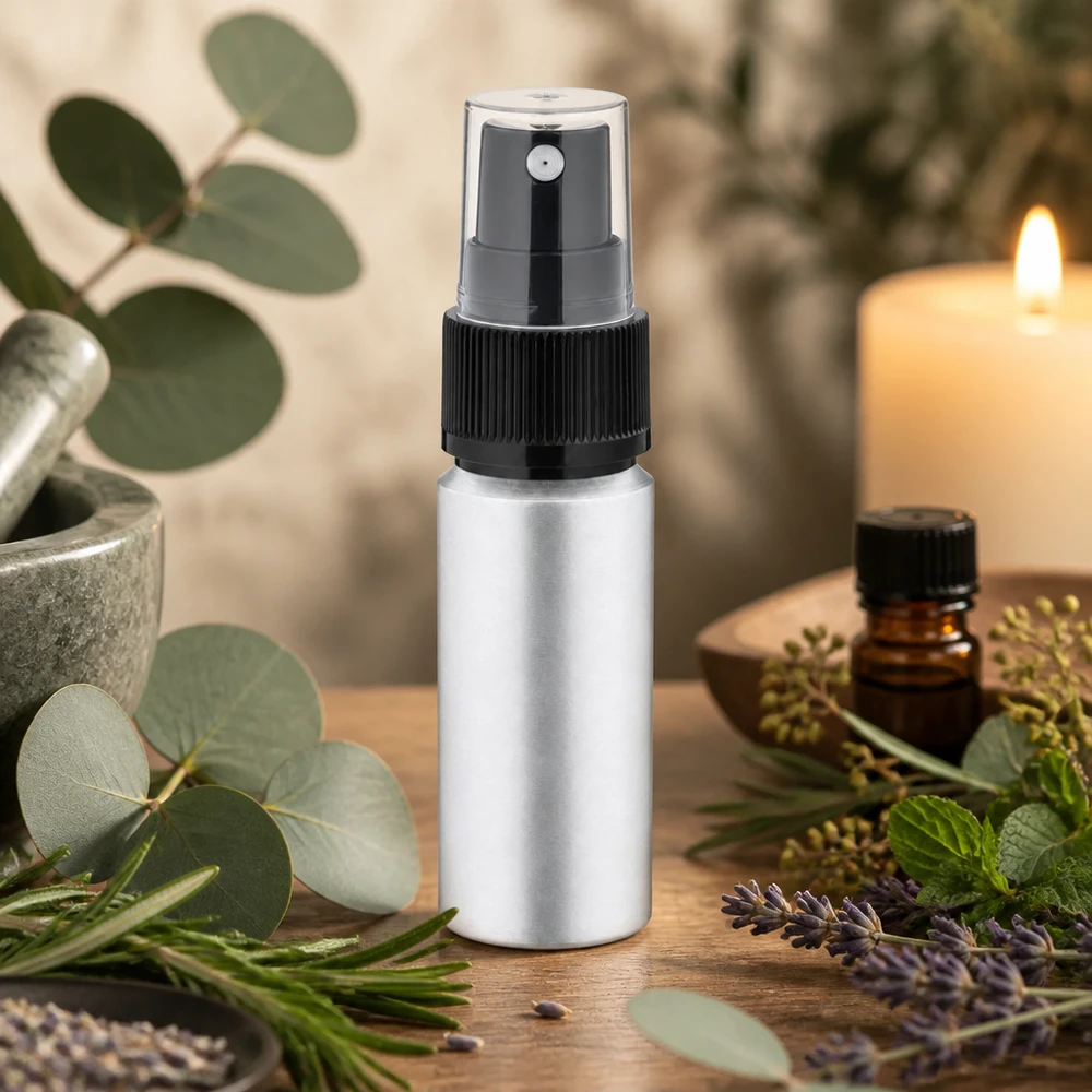 Butelka z barwionego aluminium o pojemności 20 ml z atomizerem Srebrna aluminiowa butelka o pojemności 20 ml z praktyczną głowicą rozpylającą, idealna do samodzielnego przygotowywania kosmetyków i aromaterapii.