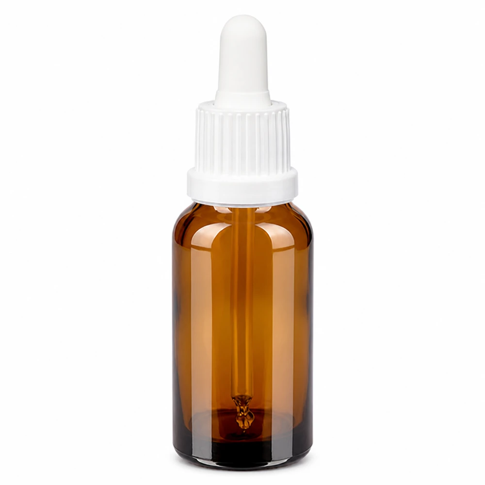 Butelka z pipetą 20 ml biała OV BrownLine UT18/20 Butelka z pipetą o pojemności 20 ml wykonana z bursztynowego szkła z białą zakrętką umożliwiającą precyzyjne dozowanie.