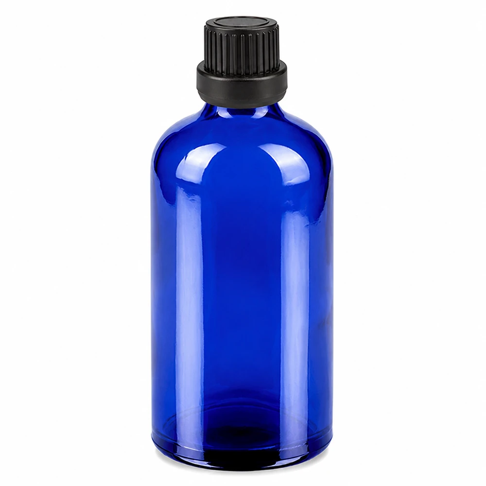 Niebieska szklana butelka 100 ml z czarnym zakraplaczem 2 mm do kosmetyków i olejków eterycznych