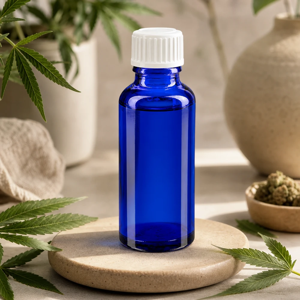Mała niebieska szklana buteleczka o pojemności 30 ml z białym zamknięciem, stojąca na kamieniu naturalnym wśród roślin konopi