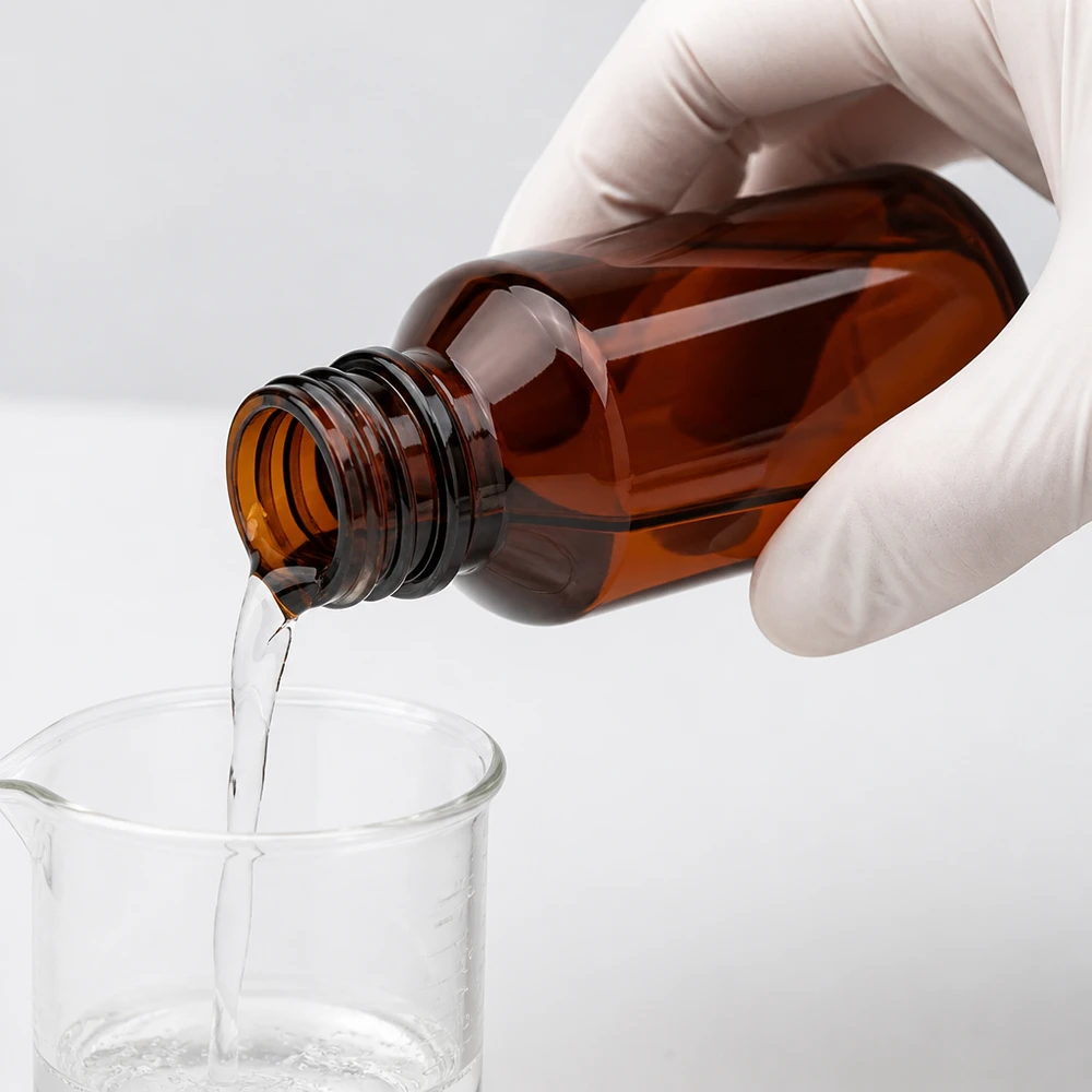 Przezroczysty płyn przelewa się z bursztynowej butelki PET o pojemności 100 ml do zlewki laboratoryjnej