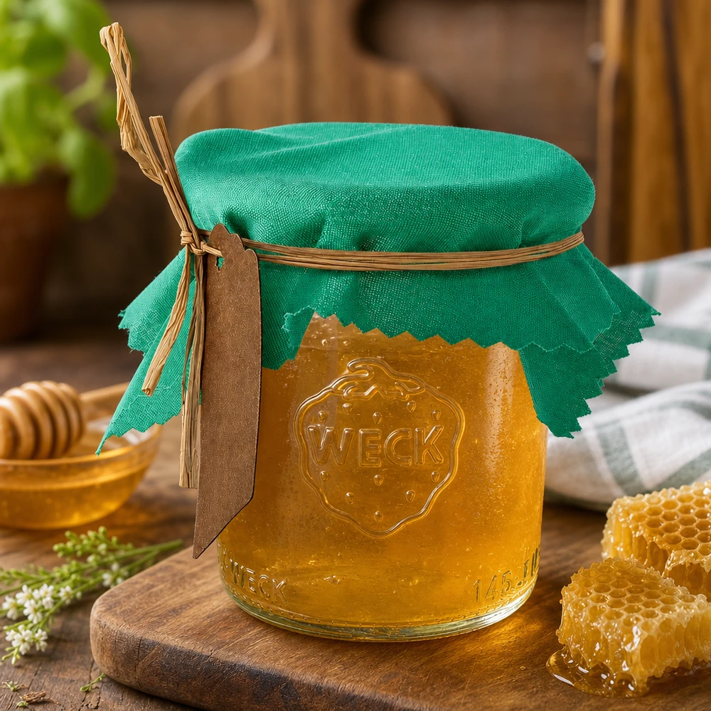 Serwetka materiałowa zielona 120x120mm kwadratowa Zielona serwetka kwadratowa 12 cm na słoiku z plastrem miodu i drewnianą łyżką - naturalne akcesoria kuchenne