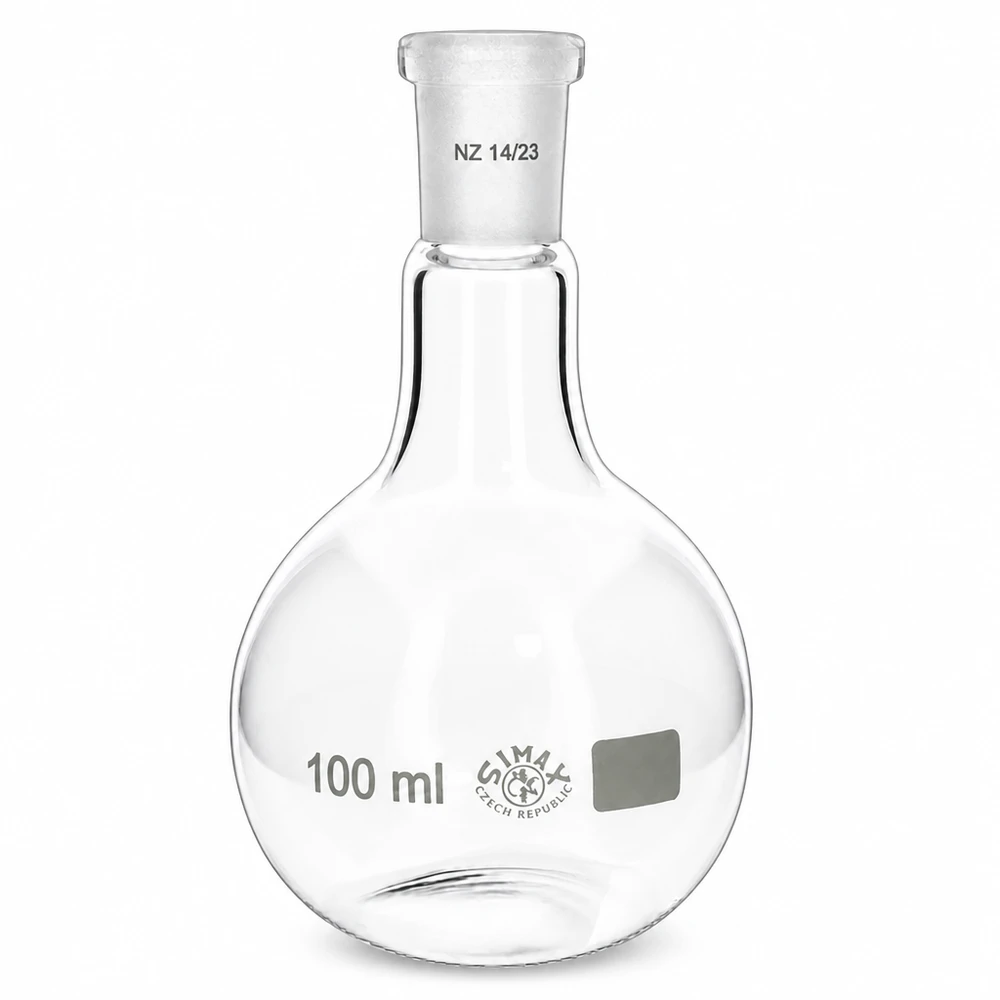 Kolba 100 ml ze standardowym szlifowanym złączem (14/23) Okrągła szklana kolba 100 ml z wąską szyjką i standardowym szlifowanym złączem 14/23 do precyzyjnych prac laboratoryjnych
