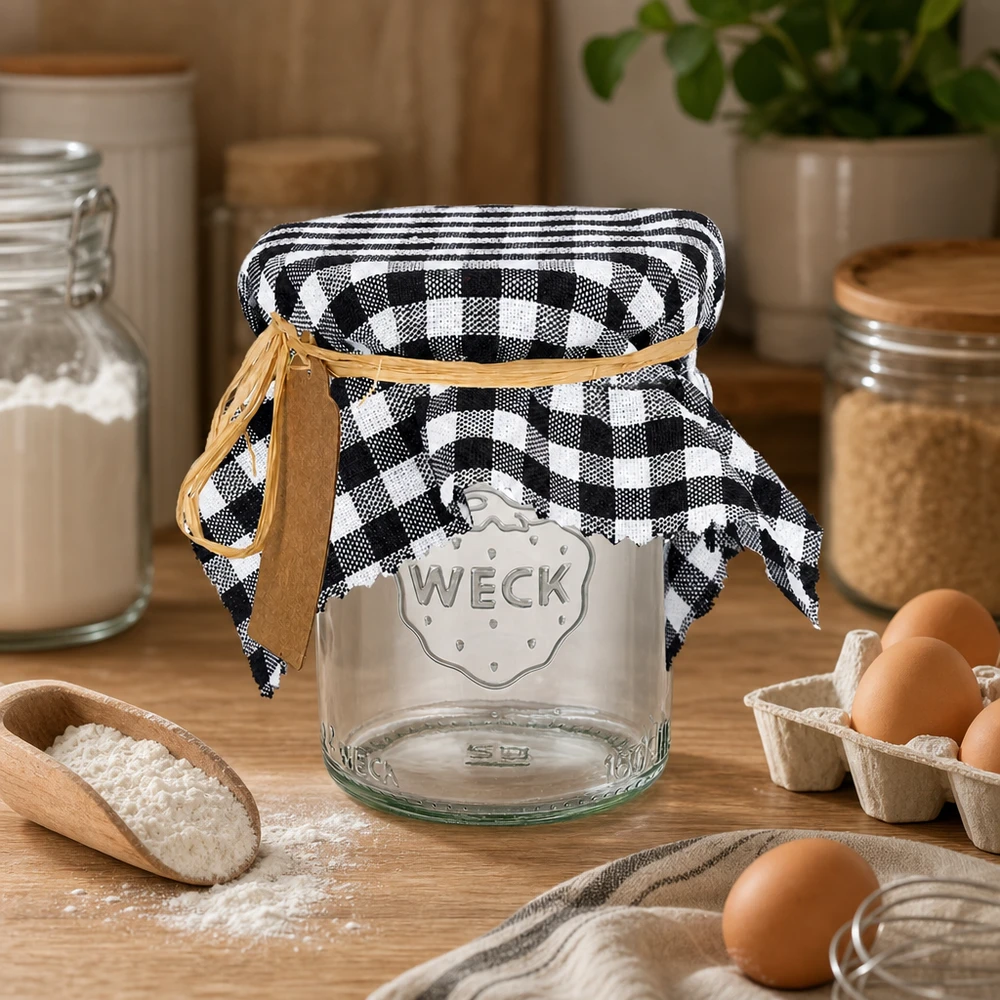 Czarna serwetka dekoracyjna w kratkę ze skórzanym paskiem na słoiku WECK obok jajek i mąki w rustykalnej kuchni 15 cm kwadratowych