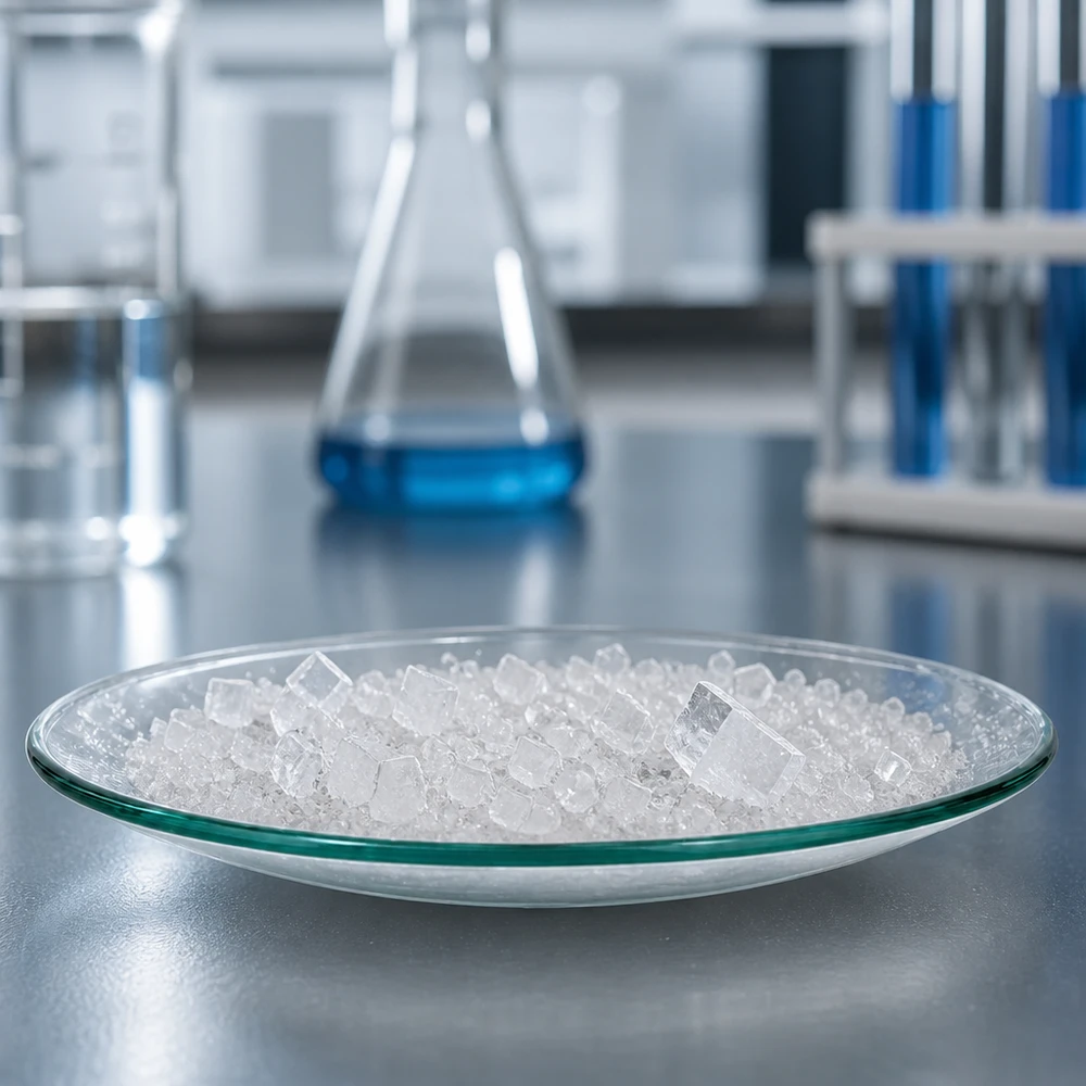 Płaskie naczynie szklane 70 mm wypełnione kryształami do eksperymentów chemicznych w laboratorium