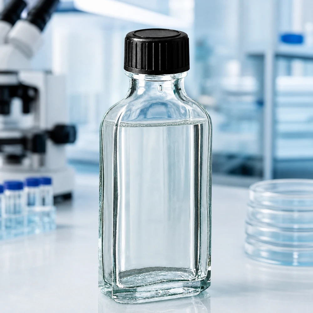 50 ml Przezroczysta zakrętka Meplat z dyskiem uszczelniającym z EPE Przezroczysta szklana butelka Meplat o pojemności 50 ml z uszczelką z EPE i czarnym zamknięciem w warunkach laboratoryjnych
