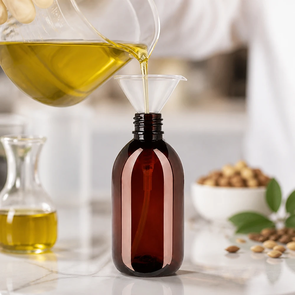 Umfüllen von Trägeröl in robuste 250ml PET Flasche bernsteinfarben mit weisser Dispenserpumpe