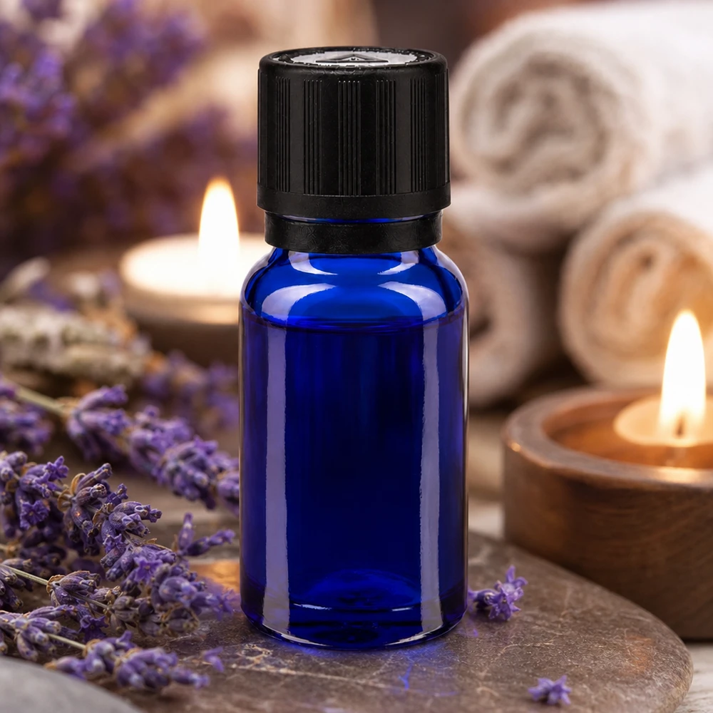 Niebieska szklana buteleczka o pojemności 10 ml z zakraplaczem, umieszczona wśród kwiatów lawendy i świec w atmosferze spa