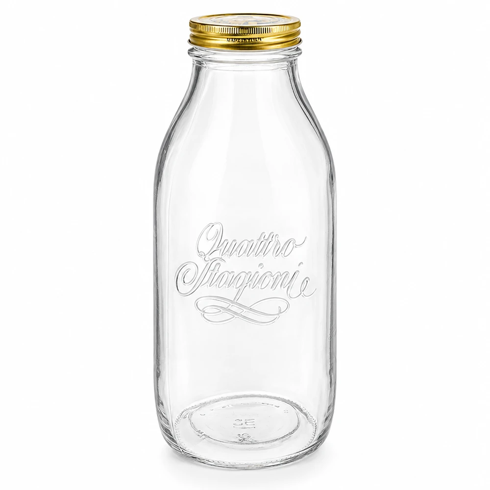 Butelka szklana 1000 ml „Quattro Stagioni” z pokrywką 1000 ml szklana butelka Quattro Stagioni ze złotą zakrętką, przezroczysta z eleganckim napisem, wzór butelki na mleko