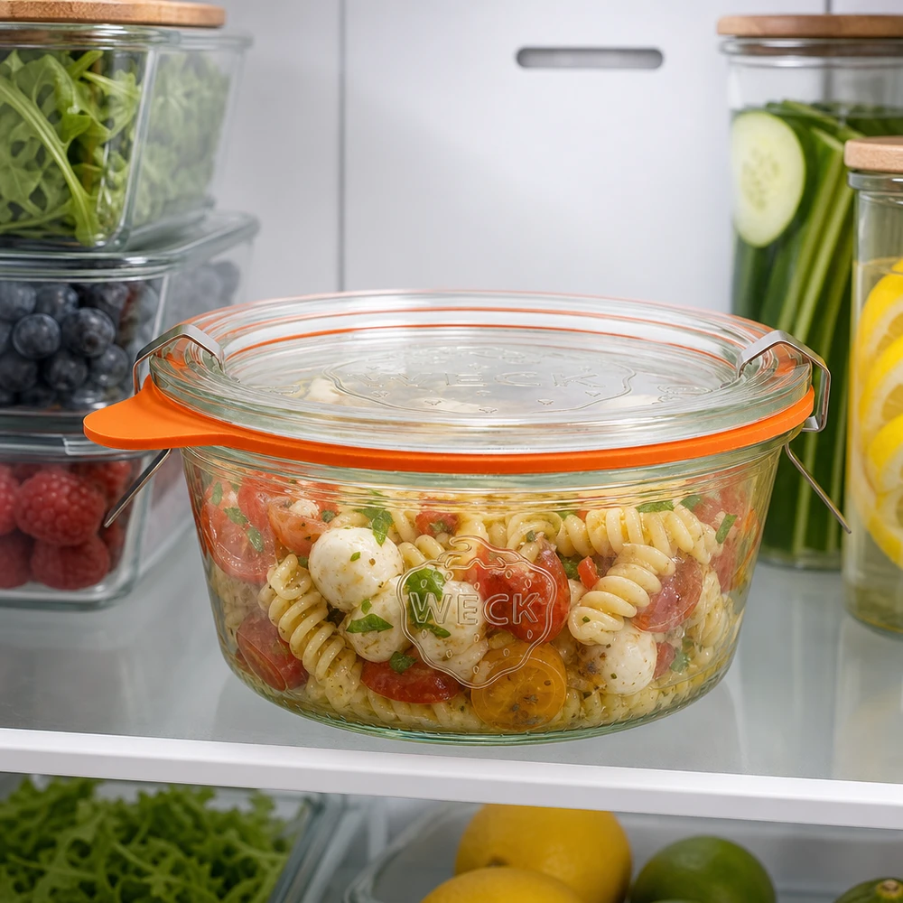 Kubki WECK 290ml RR100 z sałatką makaronową w lodówce pokazują praktyczne przechowywanie żywności